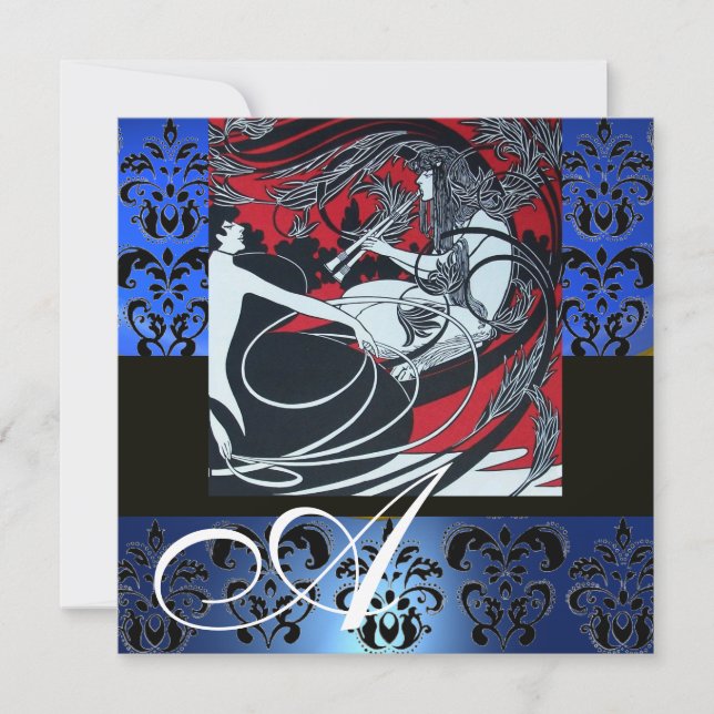 ART NOUVEAU RÖD SVART BLÅ VIT DAMAST MONOGRAM INBJUDNINGAR (Framsida)