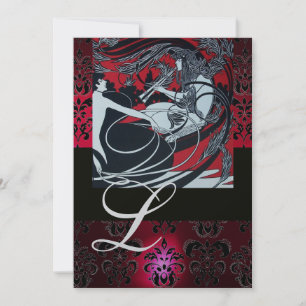 ART NOUVEAU RÖD SVART CHAMPAGNE DAMAST MONOGRAM INBJUDNINGAR