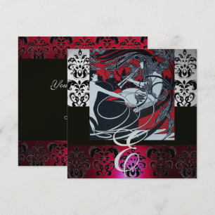 ART NOUVEAU RÖD SVART GRÅ SILVER DAMAST MONOGRAM INBJUDNINGAR