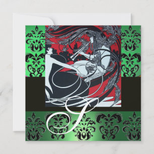 ART NOUVEAU RÖD SVART GRÖN VIT DAMAST MONOGRAM INBJUDNINGAR