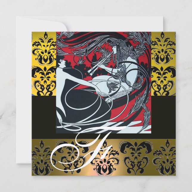 ART NOUVEAU RÖD SVART GUL VIT DAMAST MONOGRAM INBJUDNINGAR (Framsida)