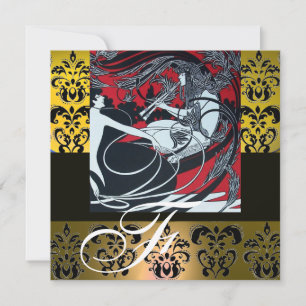 ART NOUVEAU RÖD SVART GUL VIT DAMAST MONOGRAM INBJUDNINGAR