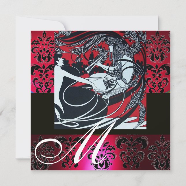 ART NOUVEAU RÖD SVART VIT DAMAST MONOGRAM ,rubin Inbjudningar (Framsida)