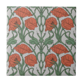 Art Nouveau Röd Vallmo Blommottryck Kakelplatta