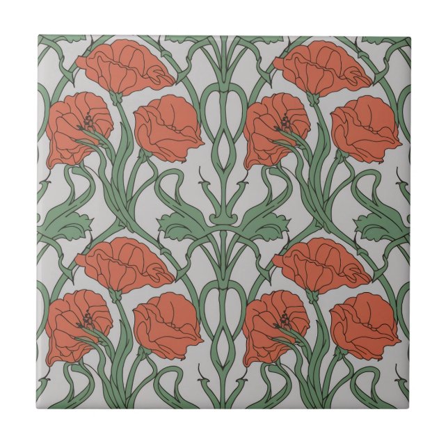 Art Nouveau Röd Vallmo Blommottryck Kakelplatta (Framsidan)