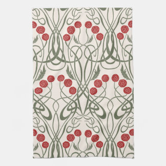 Art Nouveau röda rosor och böljande stjälkar Kökshandduk