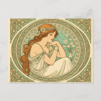 Art nouveau romantic illustration white flowers vykort
