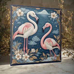 Art Nouveau Romantiskt Flamingopar med blomster mo Kakelplatta