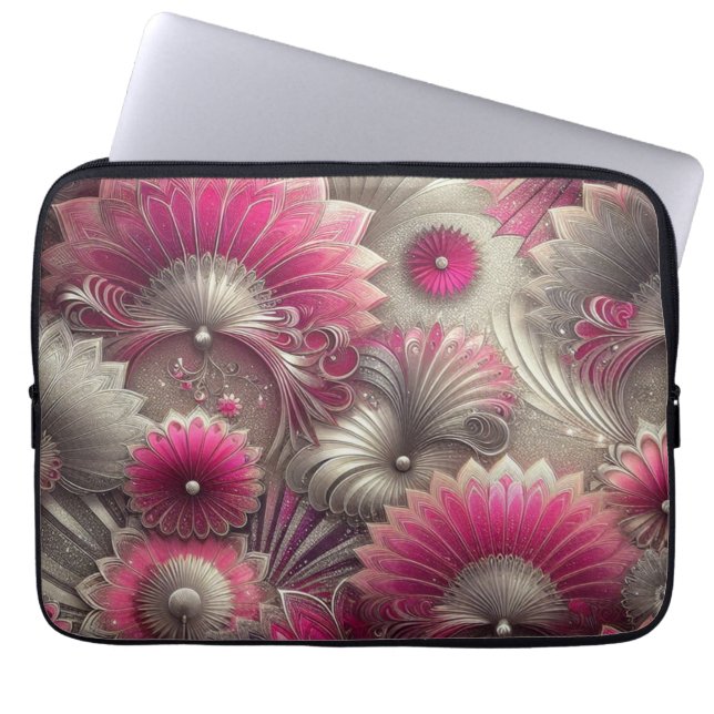 Art nouveau Rosa och Silver Fläkt Laptop Fodral (Framsidan)