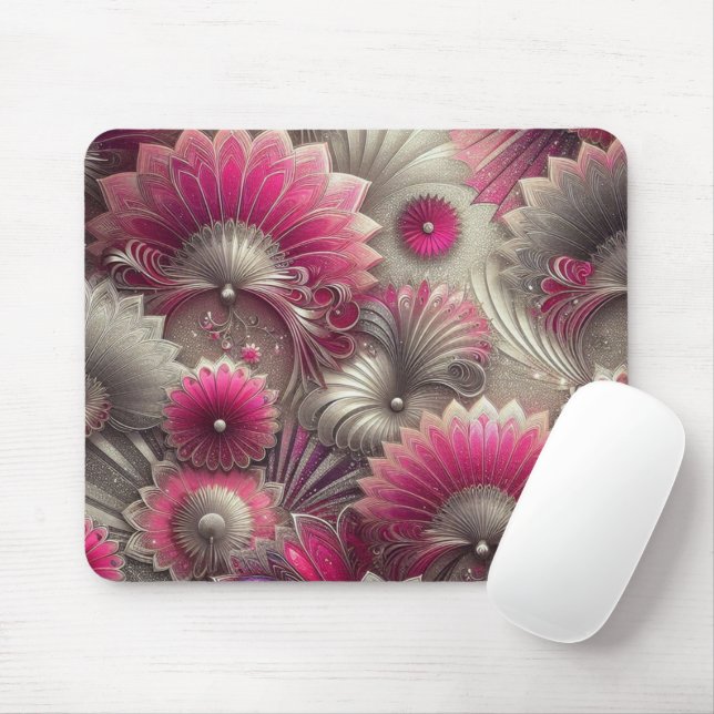 Art nouveau Rosa och Silver Fläkt Musmatta (Med mus)