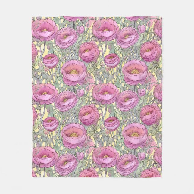 Art nouveau rosa ranunculus fleecefilt (Framsidan)