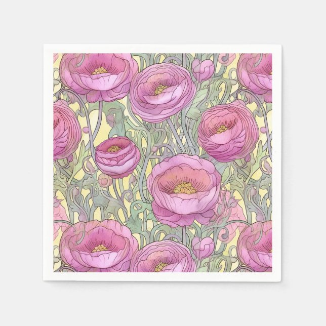 Art nouveau rosa ranunculus pappersservett (Framsidan)