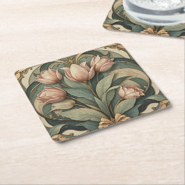 Art Nouveau Rosa Tulpaner Blommig Pappersunderlägg Underlägg Papper Kvadrat