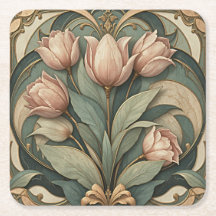 Art Nouveau Rosa Tulpaner Blommig Pappersunderlägg