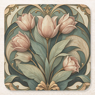 Art Nouveau Rosa Tulpaner Blommig Pappersunderlägg Underlägg Papper Kvadrat