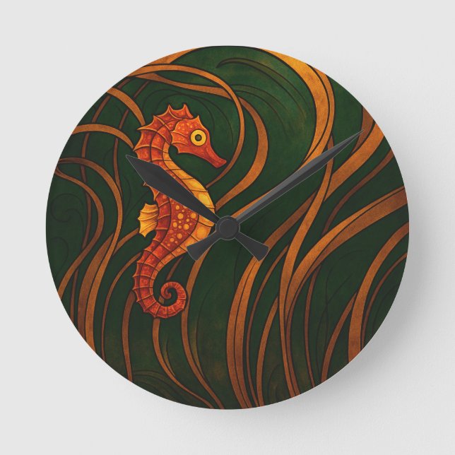 Art Nouveau Seahorse  Rund Klocka (Framsida)