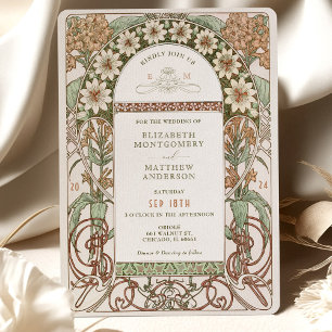 Art nouveau Sepia och Cream Blommigt Bröllop Inbjudningar