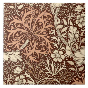 Art nouveau Sjögräs Blommigt, Brown och Beige Kakelplatta