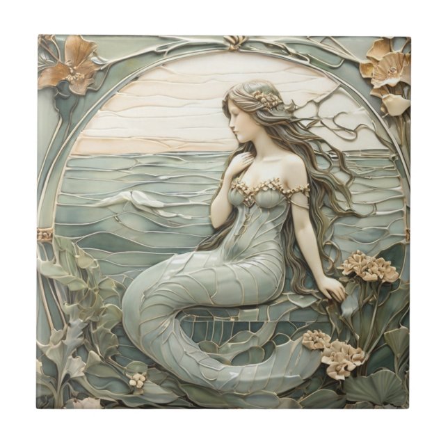 Art nouveau Sjöjungfru Faux Relief Mint Ocean Sea Kakelplatta (Framsidan)