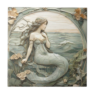 Art nouveau Sjöjungfru Faux Relief R Mint Ocean Se Kakelplatta