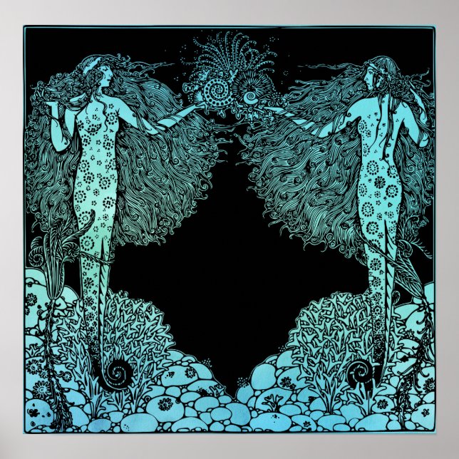 Art nouveau Sjöjungfruar till havs Poster (Framsidan)