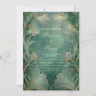 Art Nouveau Smaragdgrön Guld Ginkgo Blad Bröllop Inbjudningar
