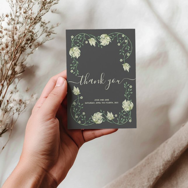 Art nouveau söt ram bröllop tackkort tack kort (Elegant Art Nouveau botanical frame wedding thank you card features thank you script and photo.)
