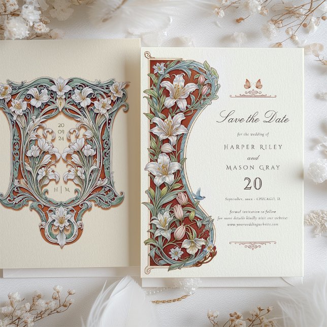 Art nouveau Spara datumkortets vita filéer Inbjudningar (Skapare uppladdad)