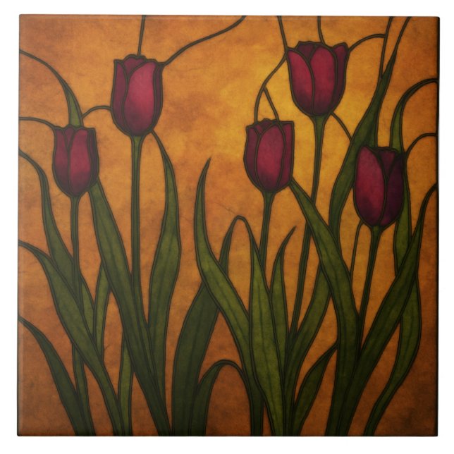 Art Nouveau Stained Glass Style Tulip Kakelplatta (Framsidan)