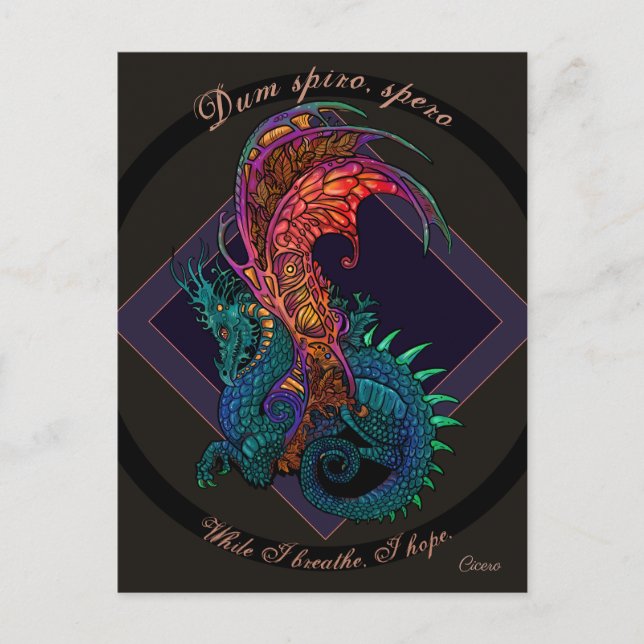 Art nouveau Stil Dragon med Latin Motto Vykort (Framsida)