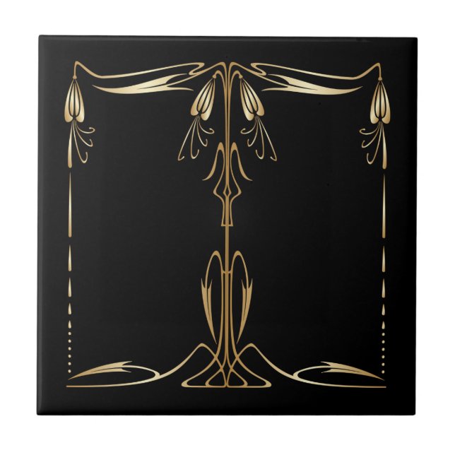 Art nouveau stil faux guld blommigt dekanter på sv kakelplatta (Framsidan)