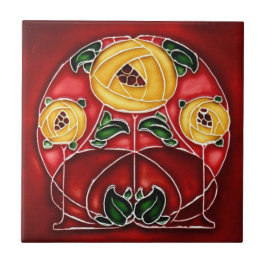 Art nouveau Stil Gult och rödkeramik Kakelplatta