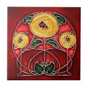 Art nouveau Stil Gult och rödkeramik Kakelplatta