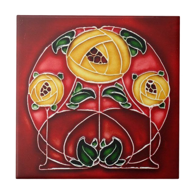 Art nouveau Stil Gult och rödkeramik Kakelplatta (Framsidan)