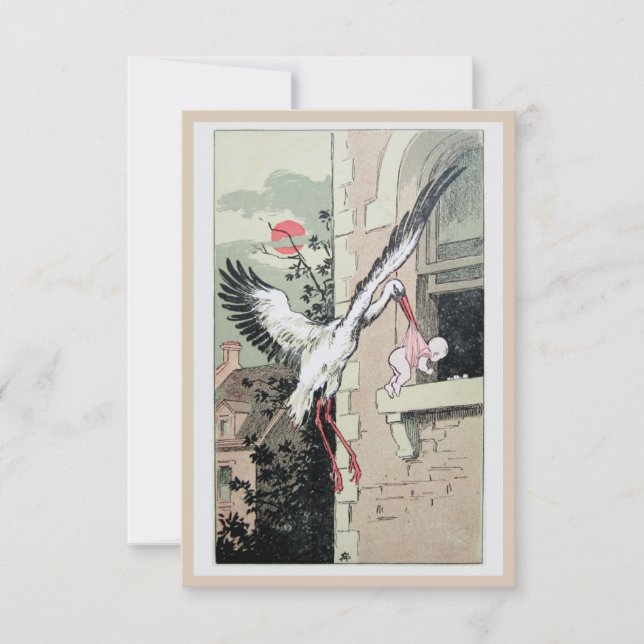 Art nouveau stork som levererar baby-meddelande meddelande (Framsida)