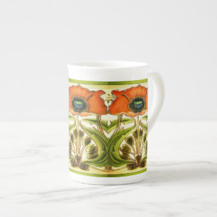 ART NOUVEAU STYLISERAD GRÖNT RED POPPY BENPORSLIN MUGG