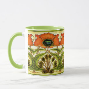 ART NOUVEAU STYLISERAD GRÖNT RED POPPY MUGG