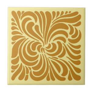 Art nouveau Styliserat Löv, senap och Gult Kakelplatta
