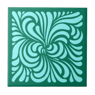 Art nouveau Stylized löv, turkos och Aqua Kakelplatta