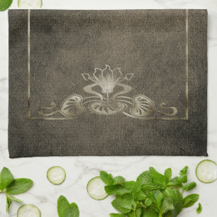 Art nouveau suede look elegant brunlotus guld kökshandduk