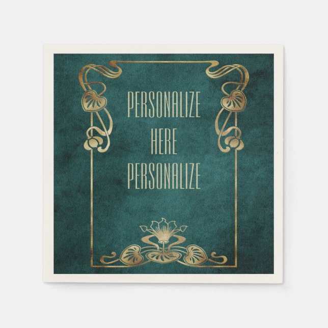 Art nouveau suede look elegant guld grönt lotus pappersservett (Framsidan)