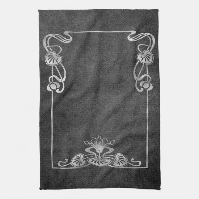 Art nouveau suede look elegant silver grått lotus kökshandduk (Vertikal)