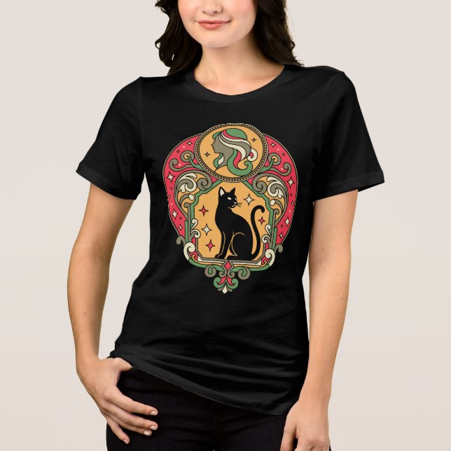 Art Nouveau Svart Katt Design T Shirt (Framsida)