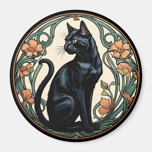 Art Nouveau Svart Katt Magnet (Framsidan)
