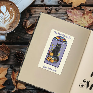 Art Nouveau Svart Katt Pumpa Lila Bokmärke Rektangulärt Klistermärke