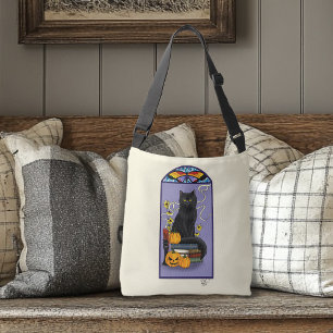 Art Nouveau Svart Katt Pumpa Lila Höst Gul Axelväska