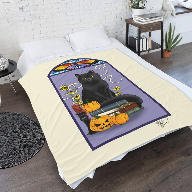 Art Nouveau Svart Katt Pumpa Lila Höst Gul Fleecefilt (Skapare uppladdad)