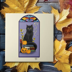 Art Nouveau Svart Katt Pumpa Lila Höst Gul Kakelplatta