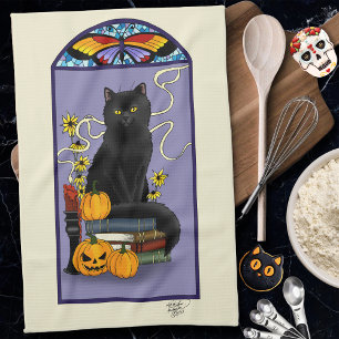 Art Nouveau Svart Katt Pumpa Lila Höst Gul Kökshandduk