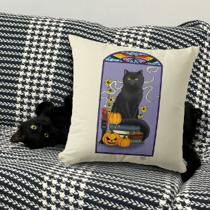 Art Nouveau Svart Katt Pumpa Lila Höst Gul Kudde